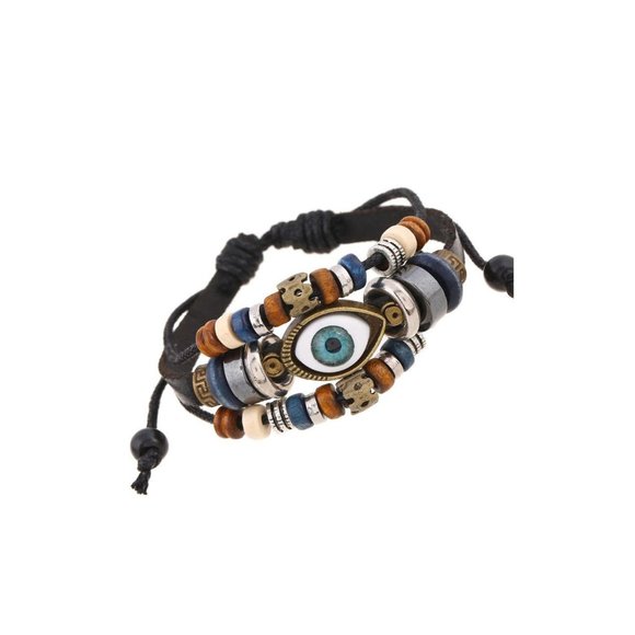 UNISEX DEVIL EYE LEATHER LAYERED 3PCS COUPLES LEATHER BEADED BRACELET - Picture 5 of 14